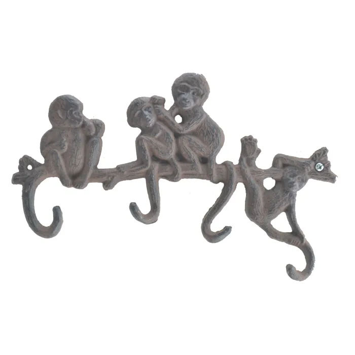 Cast Iron Wall Hook Rack - Monkeys On Branch - 4 Hooks - 10.25" Wide