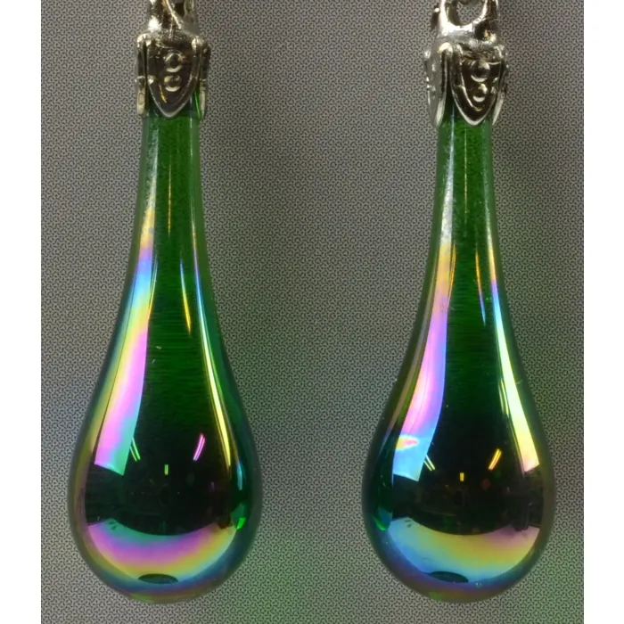 Fenton Art Glass - Teardrop Earrings - Emerald Green Iridized - Handcrafted