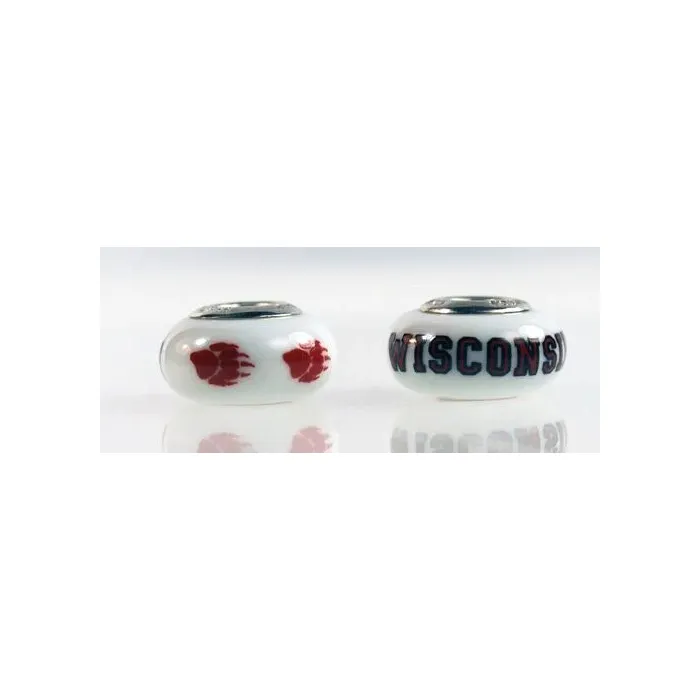 Fenton Milk Glass Collegiate Bead - Wisconsin Badgers - Sterling Silver Lined