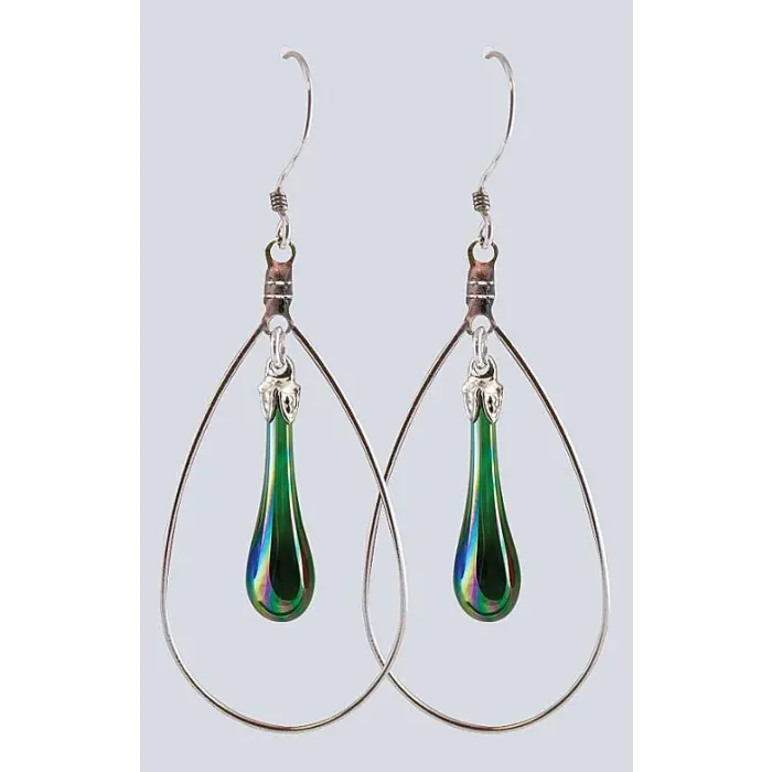 Fenton Art Glass - Hoop Style Teardrop Earrings - Emerald Iridized