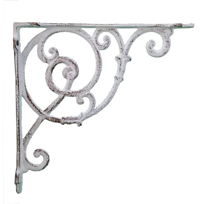Wall Shelf Bracket - Ornate Vine - Distressed White Cast Iron - 10" Deep