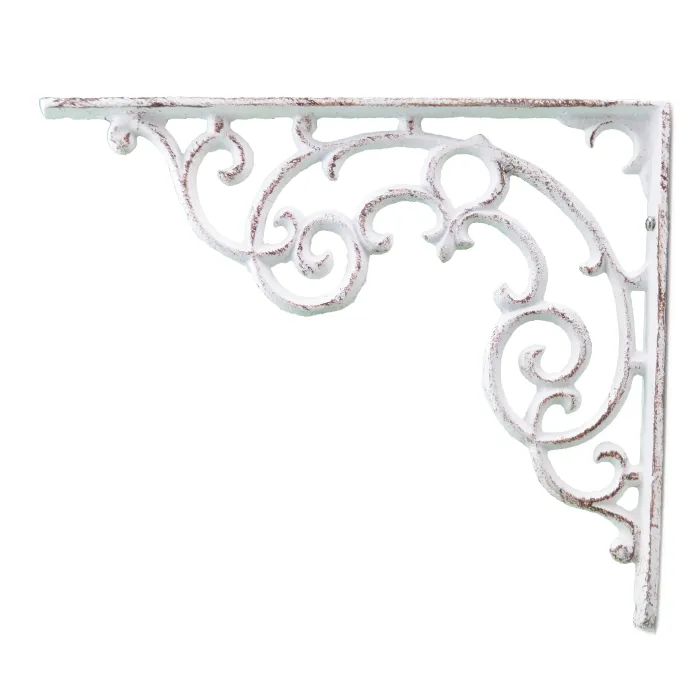 Wall Shelf Bracket - Ornate Pattern - Distressed White Cast Iron - 11.25" Long