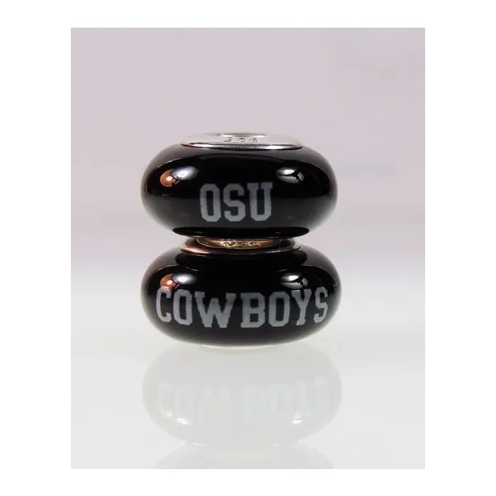 Fenton Black Glass Collegiate Bead - Oklahoma State - Sterling Silver Lined