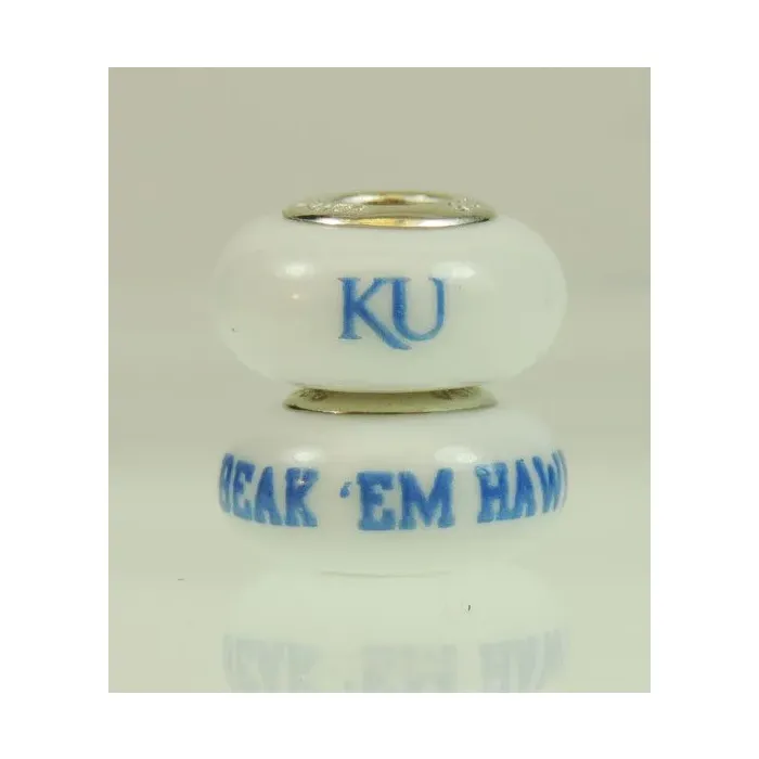 Fenton Milk Glass Collegiate Bead - Kansas Jayhawks - Sterling Silver Lined