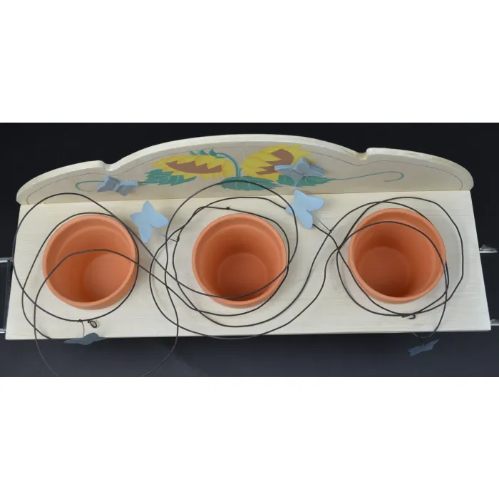 Decorative Wood Sunflower Shelf With 3 Clay Pot Planters - 21" Long