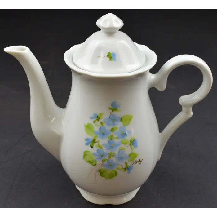 Vintage Blue Floral Pattern Teapot - Hand Painted By Lindy  - 8.5" Tall