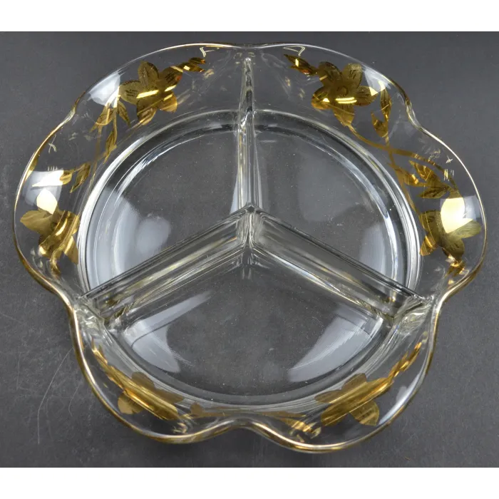 Vintage Three Part Divided Clear Glass Relish Dish - Gold Floral Pattern