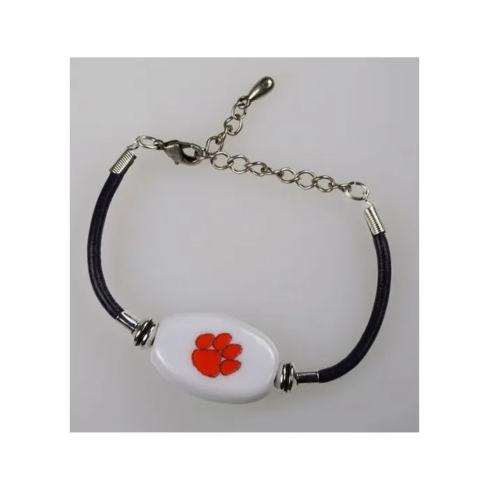 Fenton Collegiate Logo Leather Cord Bracelet- Clemson University Milk Glass Bead