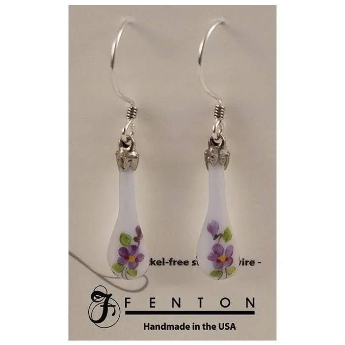 Fenton Art Glass - Teardrop Earrings - Violets In The Snow - Handcrafted
