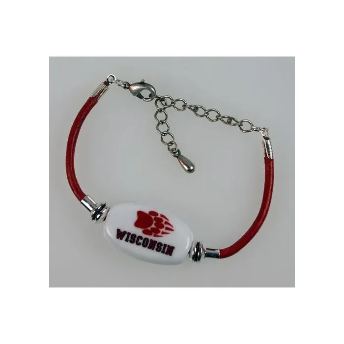 Fenton Collegiate Logo Leather Cord Bracelet- Wisconsin Milk Glass Bead