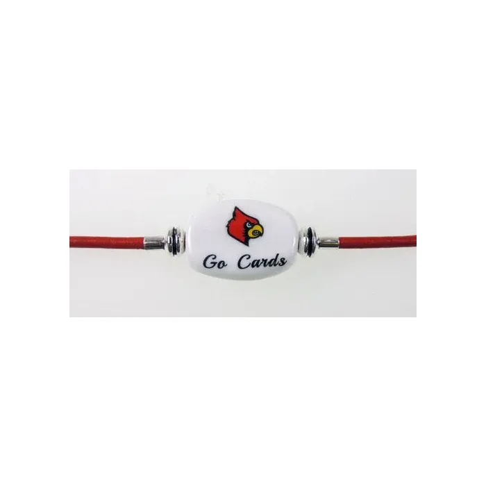 Fenton Collegiate Logo Leather Cord Bracelet- Louisville "Cards" Milk Glass Bead