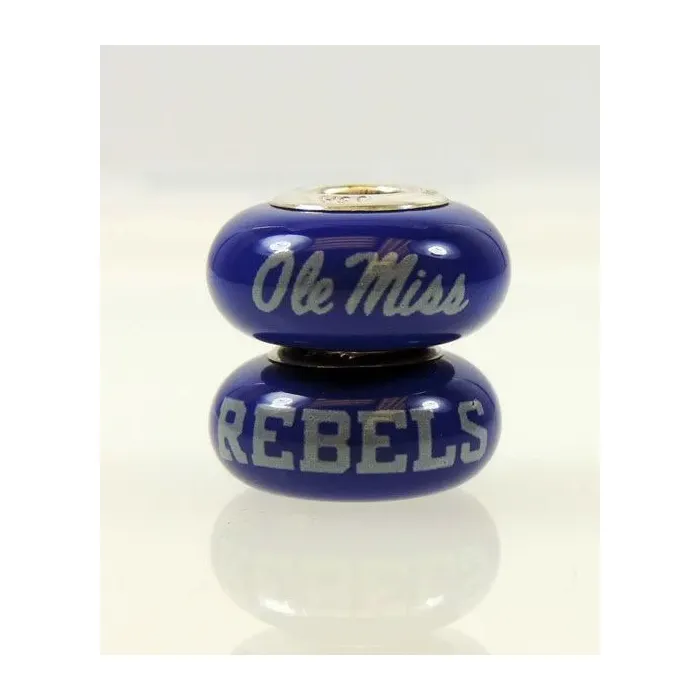 Fenton Blue Glass Collegiate Bead - Mississippi Ole Miss - Sterling Silver Lined