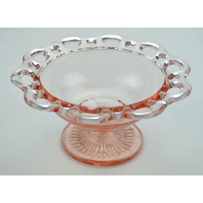 Anchor Hocking Glass - Lace Edge Pink Pattern - Round Compote - 3.5" Tall