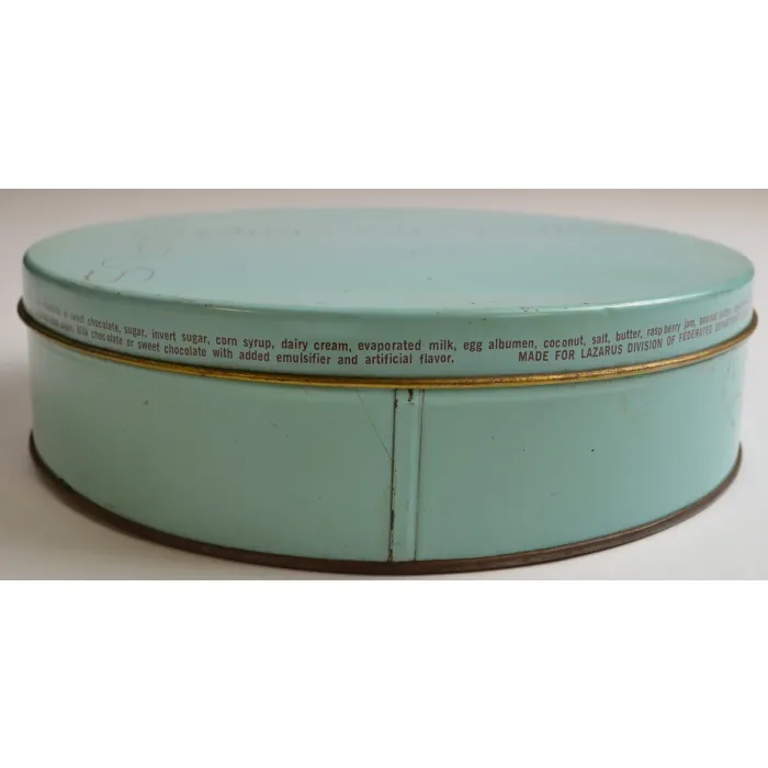 Lazarus Department Store Assorted Chocoates 32 Oz. Round Blue Tin - 8.5" Wide