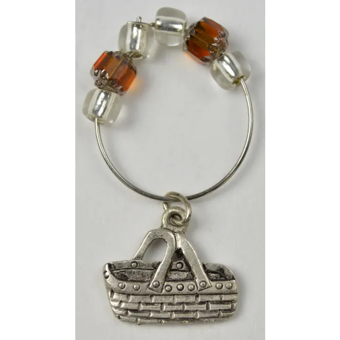 Silver Toned Double Handled Basket Charm With Orange & Clear Beads