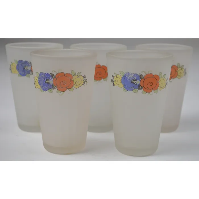Small Frosted Floral Pattern Glasses - Set Of Five - 3" Tall