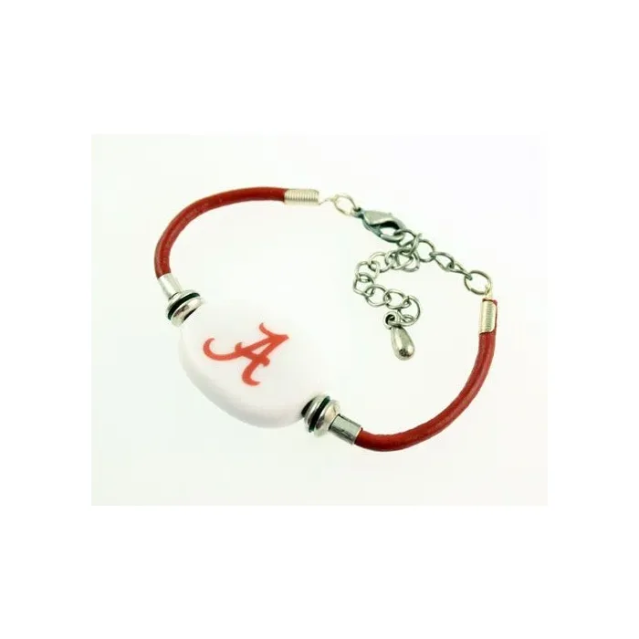Fenton Collegiate Logo Leather Cord Bracelet- Alabama Roll Tide Milk Glass Bead