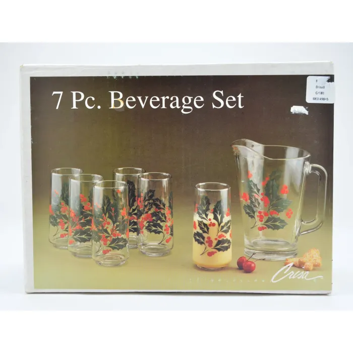 Vintage Crisa Seven Piece Christmas Beverage Set - Holly Pattern - Six Glasses & Pitcher