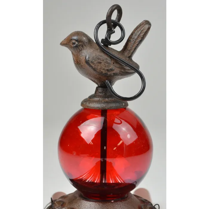Cast Iron Bird Wind Chime With Ruby Red Globes - 31" Tall