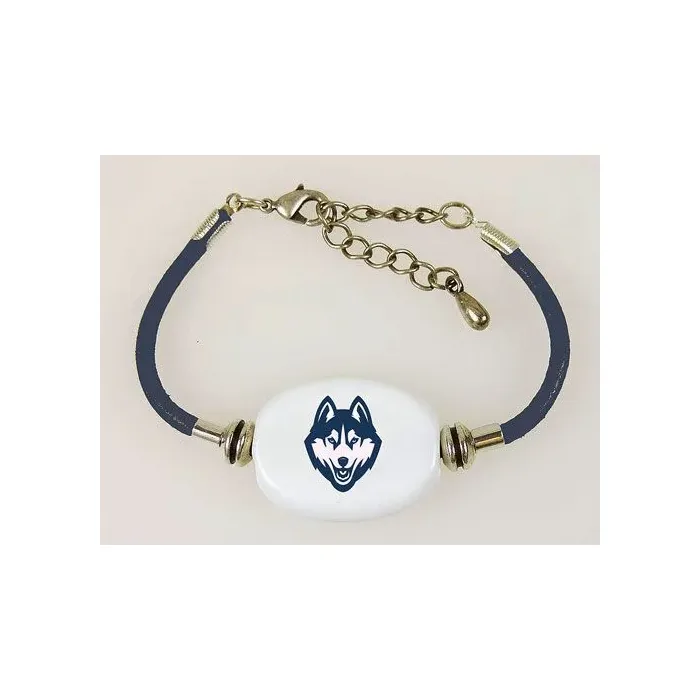 Fenton Collegiate Logo Leather Cord Bracelet- UConn Huskies Milk Glass Bead