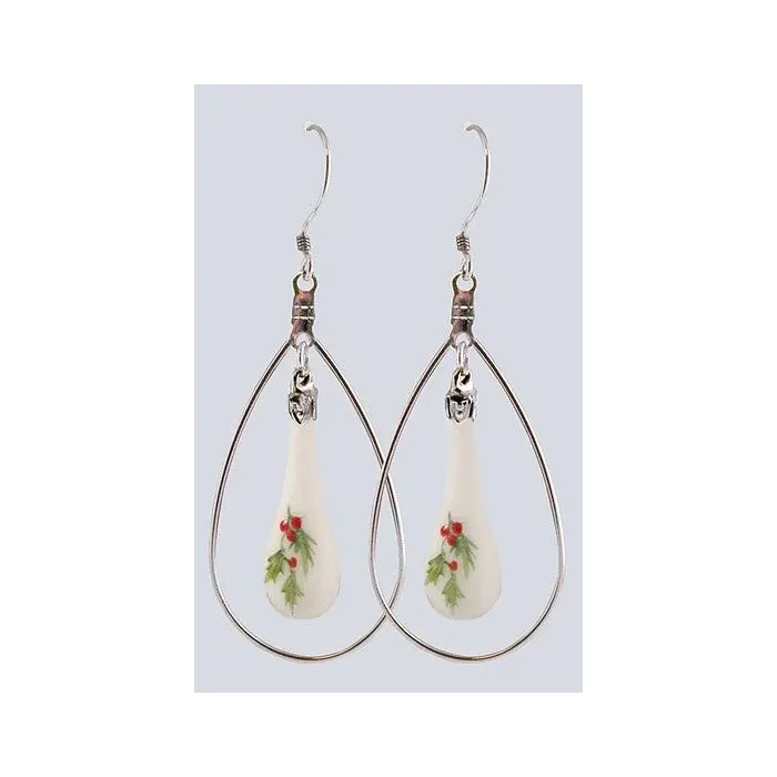 Fenton Art Glass - Hoop Style Teardrop Earrings - Holly Berry
