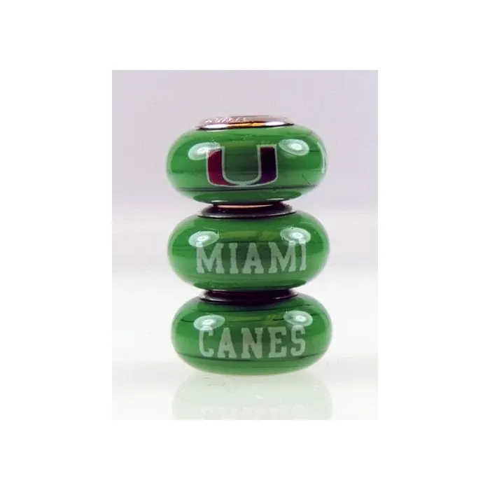 Fenton Green Glass Collegiate Bead - Miami Huricanes - Sterling Silver Lined