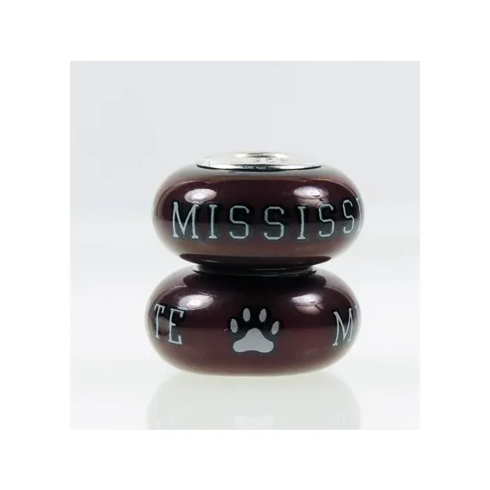 Fenton Red Glass Collegiate Bead - Mississippi State - Sterling Silver Lined