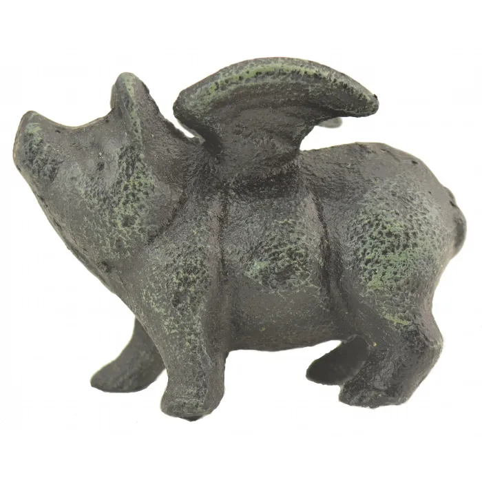 Decorative Metal Sculpture - Flying Pig With Wings - Verdigris Finish - 2.75" T