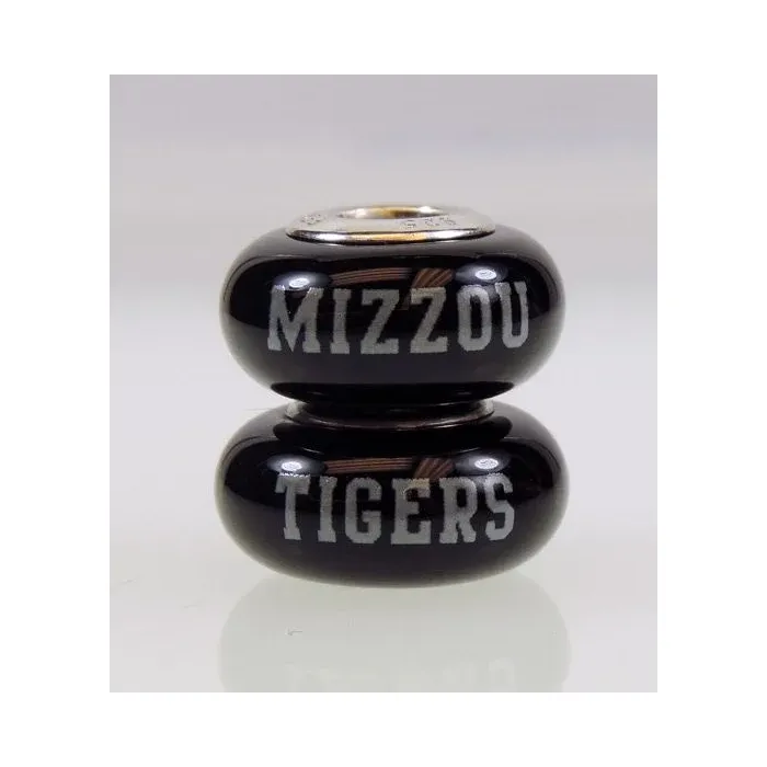 Fenton Black Glass Collegiate Bead - Missouri Tigers - Sterling Silver Lined