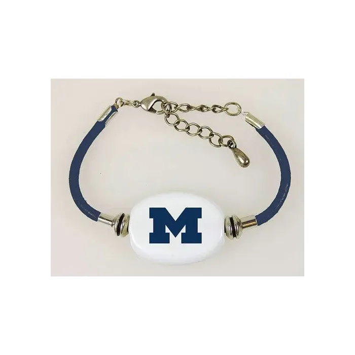 Fenton Collegiate Logo Leather Cord Bracelet - Michigan Wolverines Glass Bead