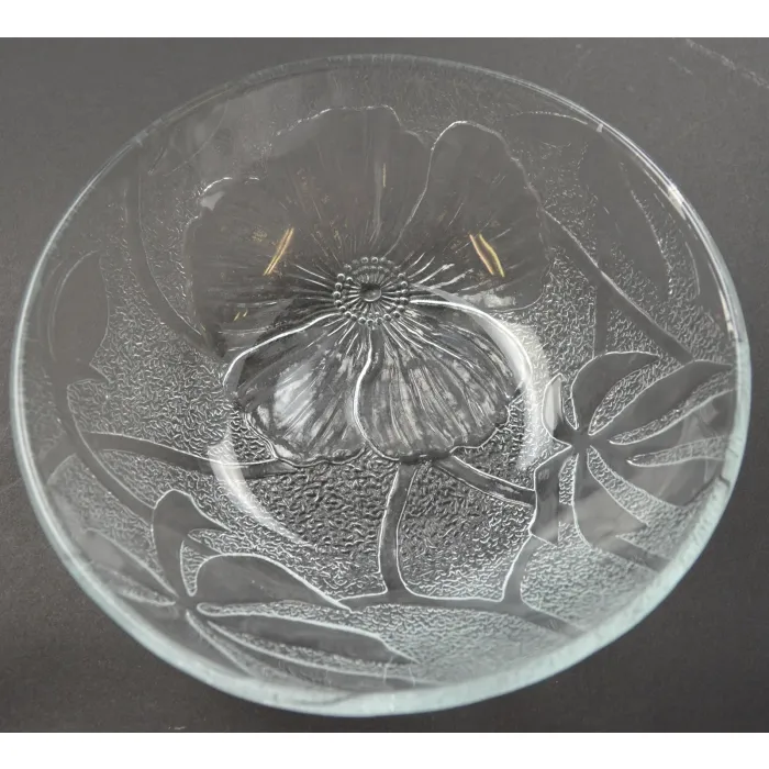 Clear Pebbled Glass Embosssed Floral Pattern Bowl - 6.625" Wide