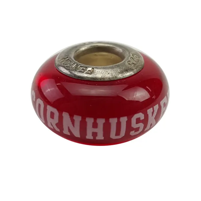 Fenton Red Glass Collegiate Bead - Nebraska Cornhuskers - Sterling Silver Lined