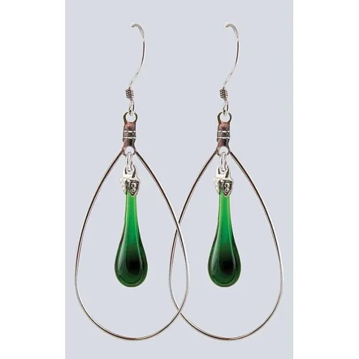 Fenton Art Glass - Hoop Style Teardrop Earrings - Emerald