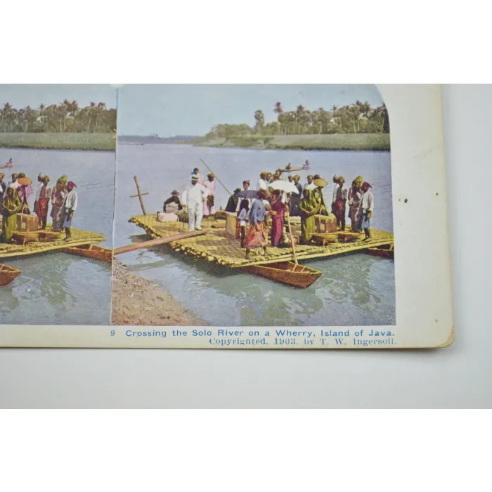 Stereoview By T. W. Ingersoll - No. 9 - Crossing The Solo River On A Wherry, Island Of Java - Antique 1903