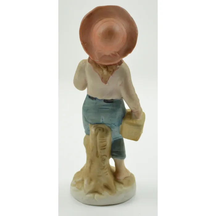 Barefoot Girl With Hat Carrying Basket Ceramic Figurine - 7" Tall