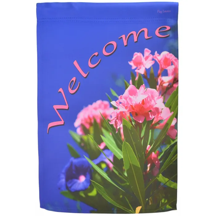 Flag Emotes - Double Sided Garden Flag - Pink Flowers Welcome