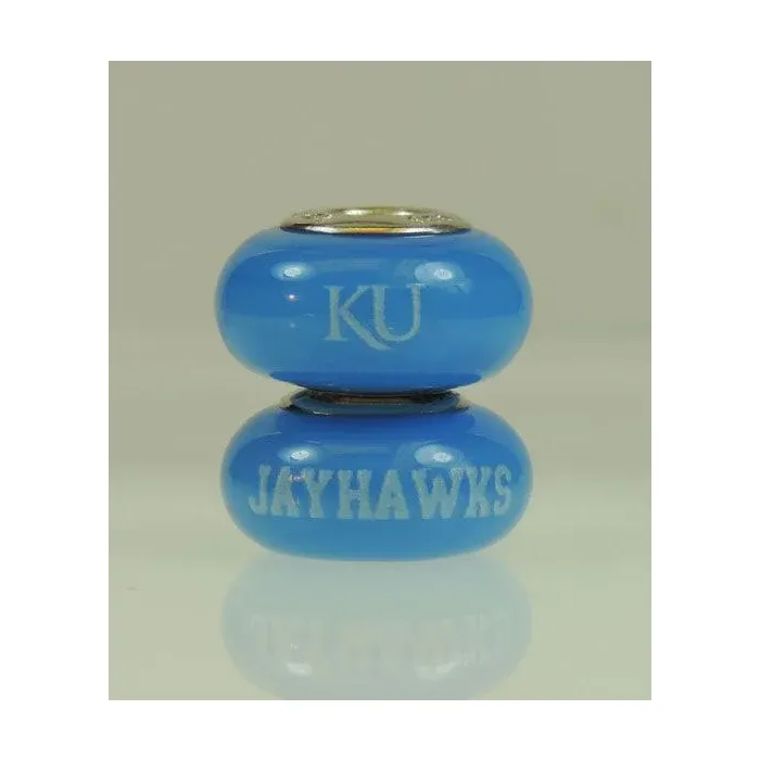 Fenton Blue Glass Collegiate Bead - Kansas Jayhawks - Sterling Silver Lined