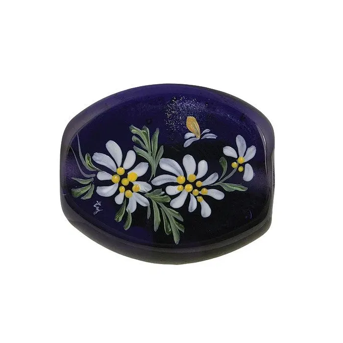 Fenton Artisan Crafted Glass Bead - Daisies by Moonlight - 1.26" Oval