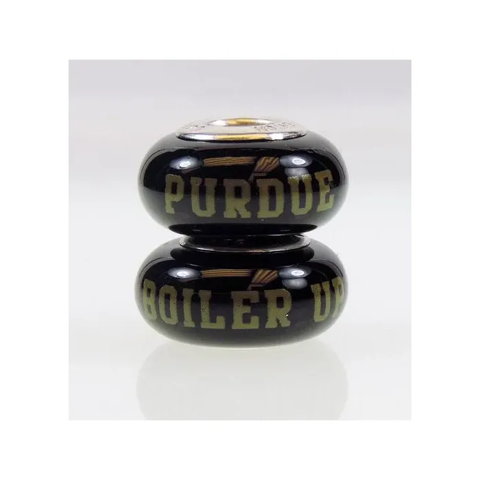 Fenton Black Glass Collegiate Bead - Purdue University - Sterling Silver Lined
