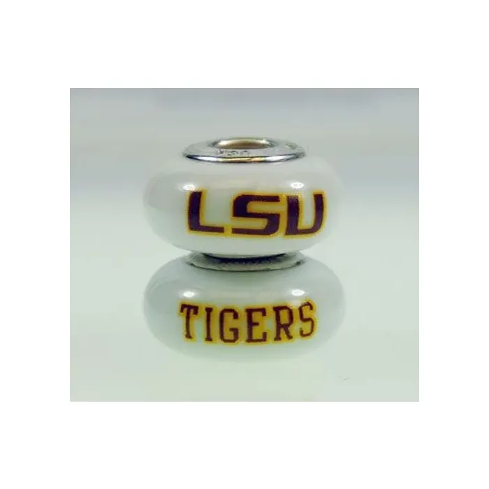 Fenton Milk Glass Collegiate Bead - Louisiana State LSU - Sterling Silver Lined