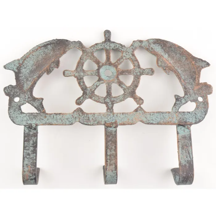 Cast Iron Wall Key Hook - Dolphins & Ship Wheel - 5.5" Wide