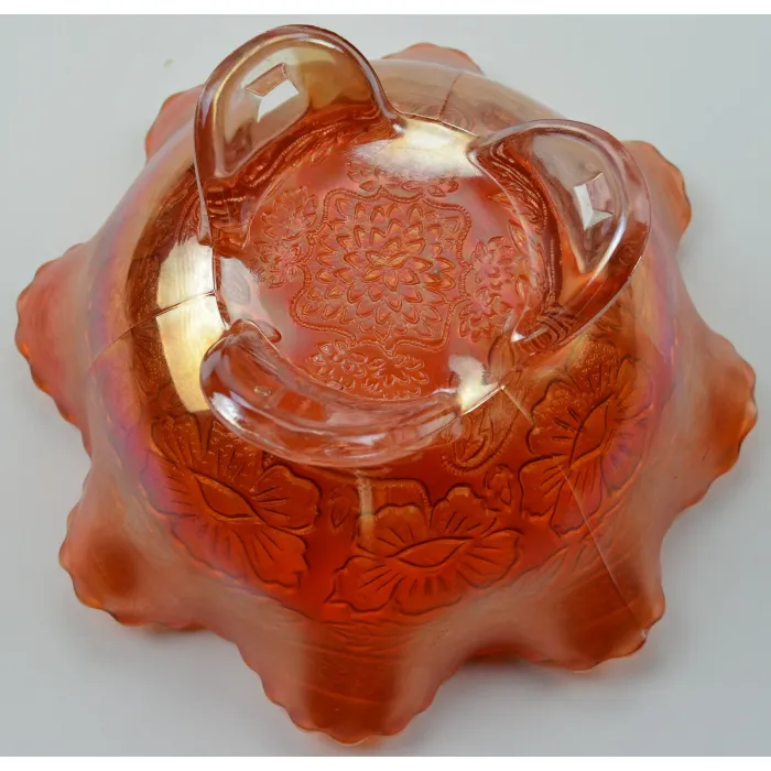 Fenton Art Glass 3 Toed Bowl - Two Flowers Marigold Carnival - 3.75" Tall