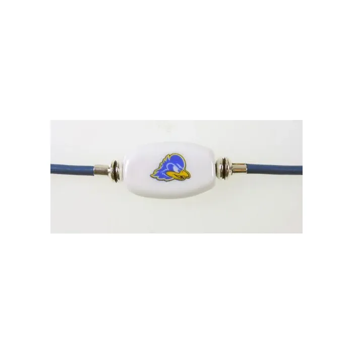 Fenton Collegiate Logo Leather Cord Bracelet- Delaware Blue Hen Milk Glass Bead