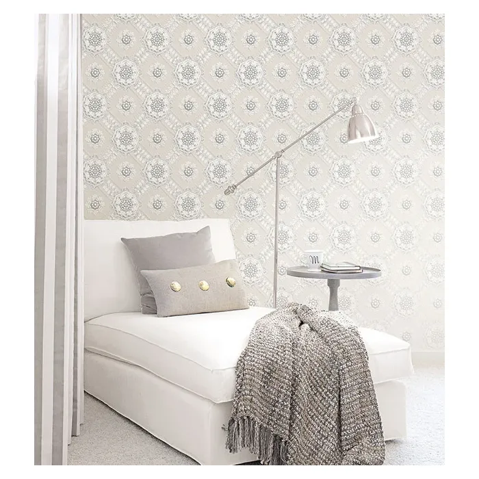 Medallion Wallpaper Beige, Metallic Silver Norwall Wallcovering CS35629