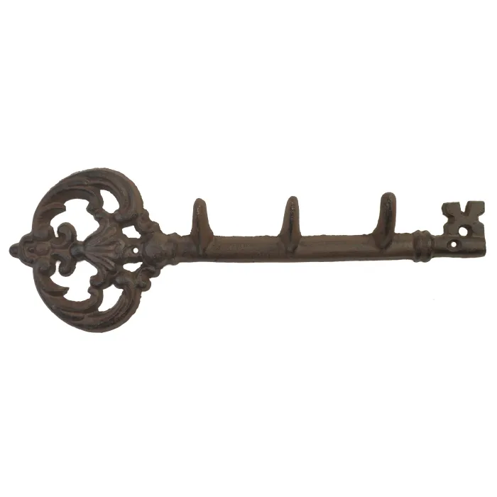 Cast Iron Wall Hook Rack - Antique Skeleton Key Style - 3 Hooks - 11.5" Long
