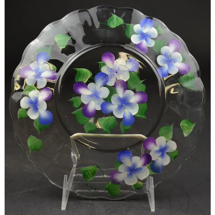 Clear Glass Salad Plate - Hand Painted Floral Pattern - 8.75" Wide