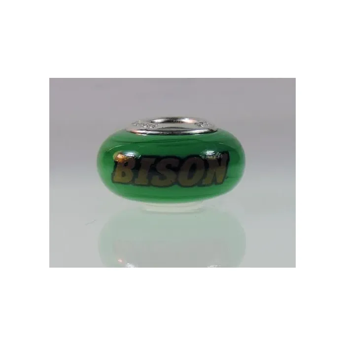 Fenton Green Glass Collegiate Bead - North Dakota State - Sterling Silver Lined