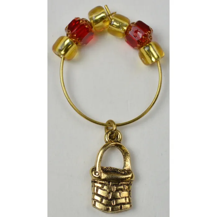 Gold Toned Single Handled Basket Charm With Gold & Red Beads