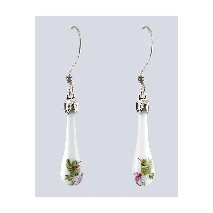 Fenton Art Glass - Teardrop Milk Glass Earrings - Hummingbird - Handcrafted