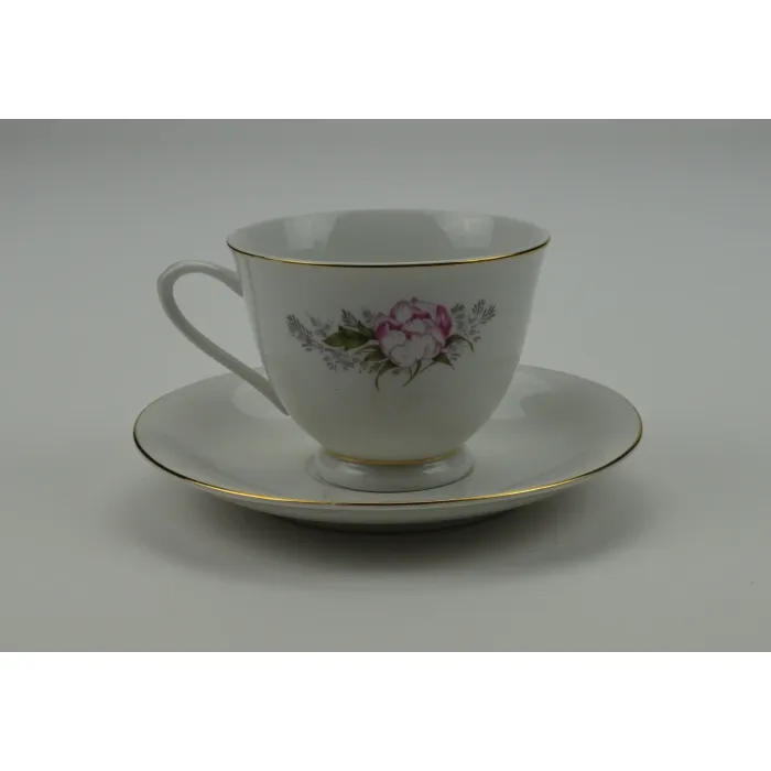 Floral Pattern Tea Cup & Saucer - Pink Flowers With Gold Trim